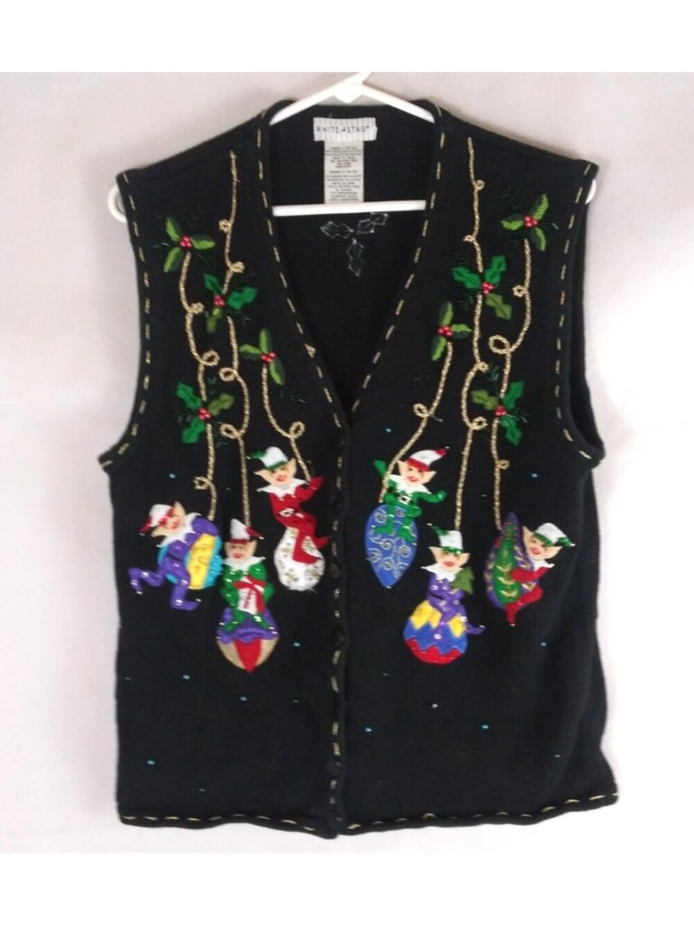 White Stag Metallic Embroidered Beaded Christmas Elves Sweater Vest Large 12/14